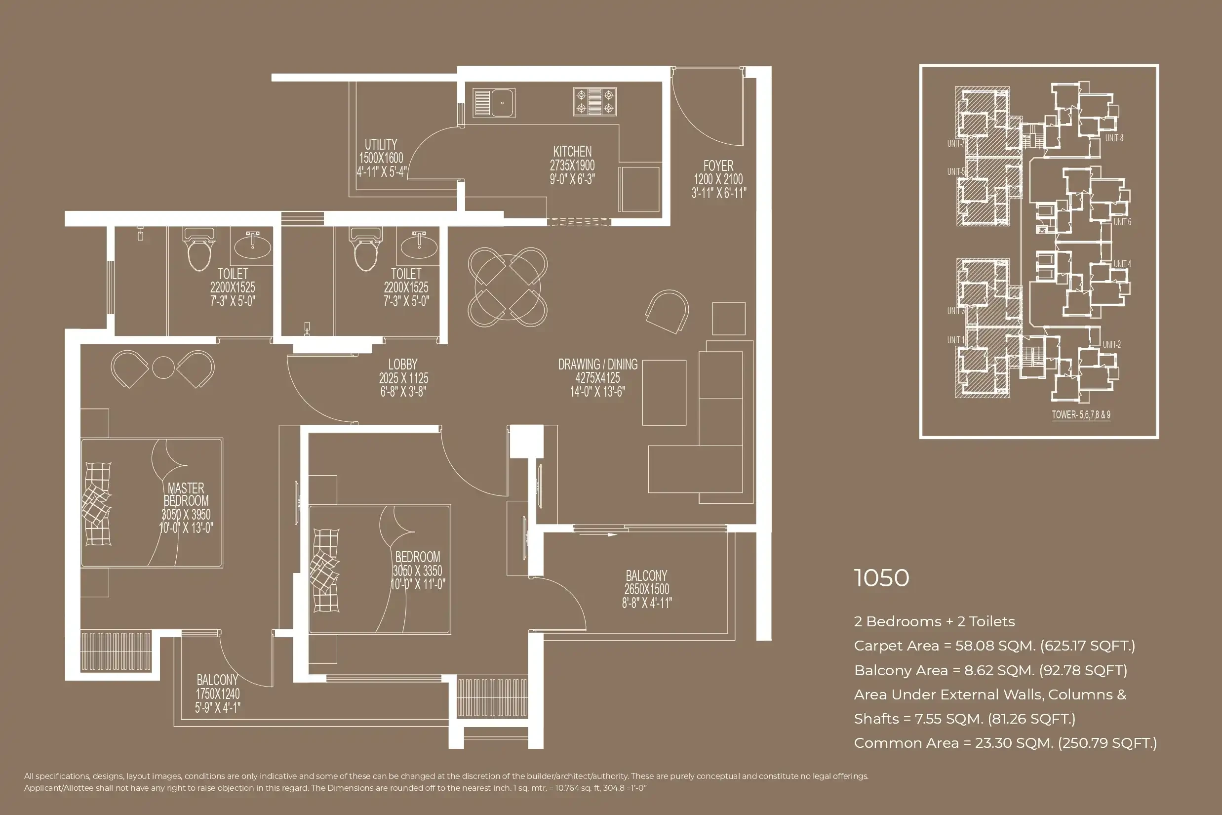 2 BHK + 2 Toilets + Study