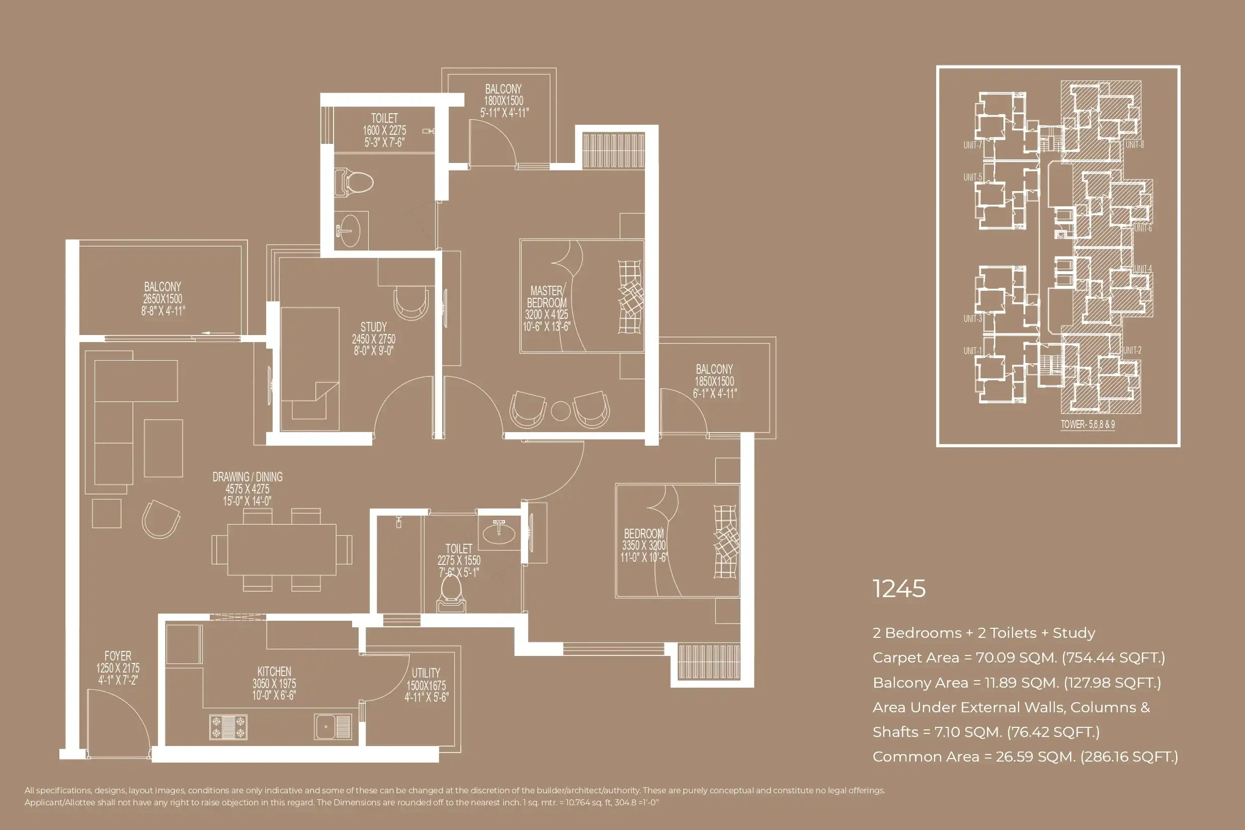 2 BHK + 2 Toilets + Study Room