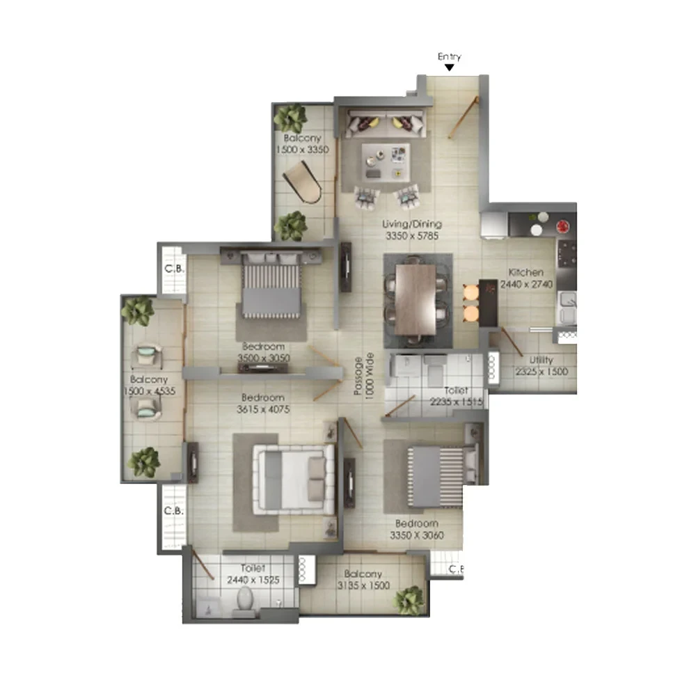 3 BHK + 2 Toilets + Study