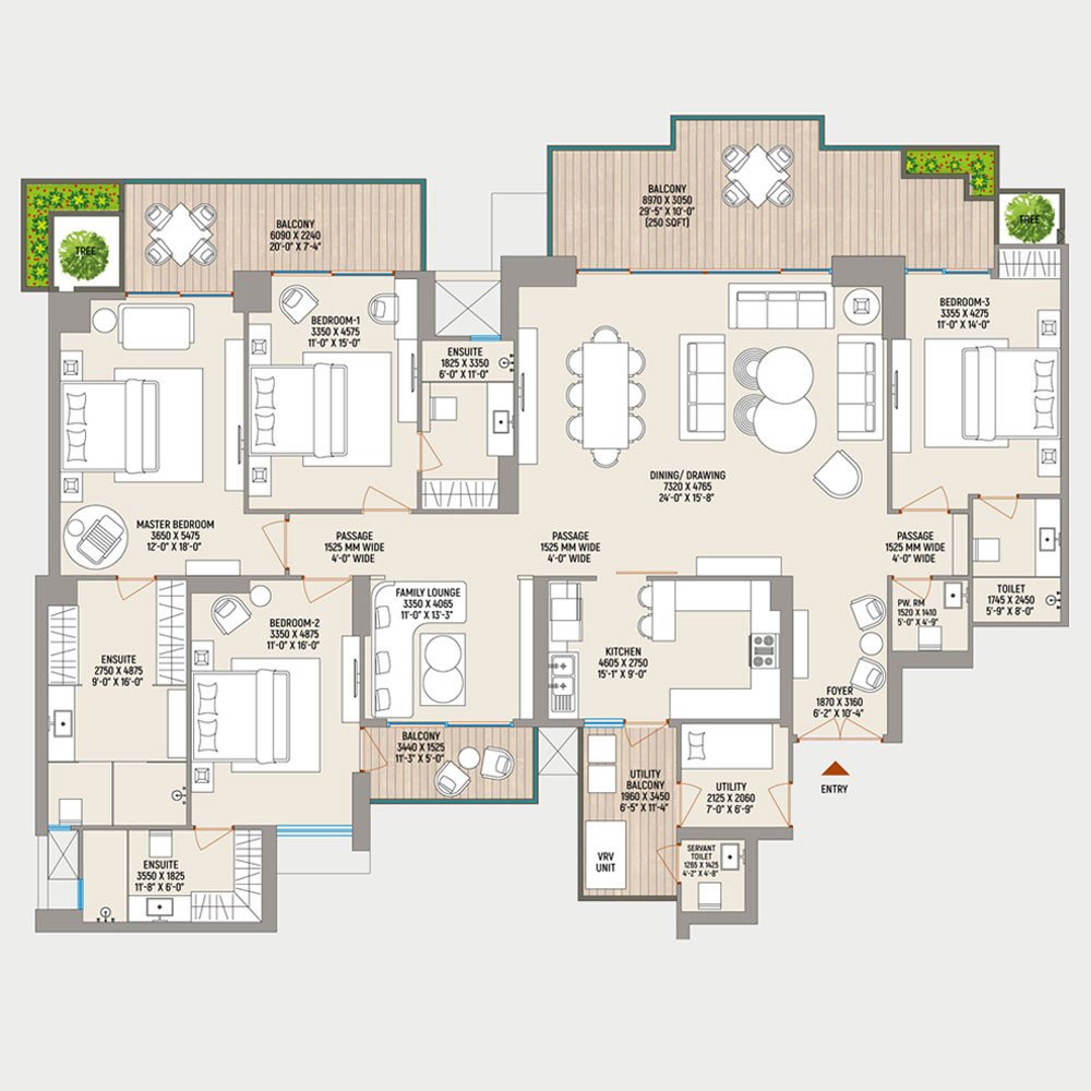 4 BHK + 5 Toilets + Servant Room