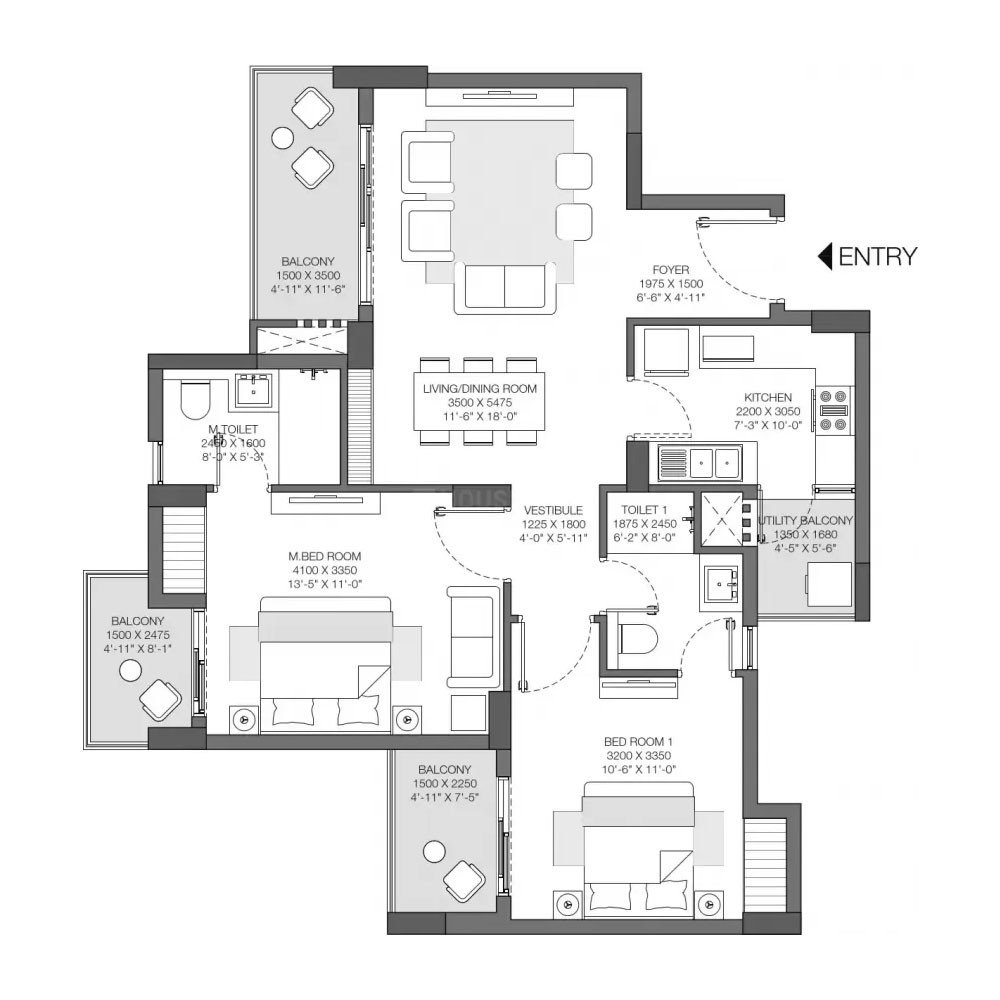 3 BHK + 3 Toilets + Servant