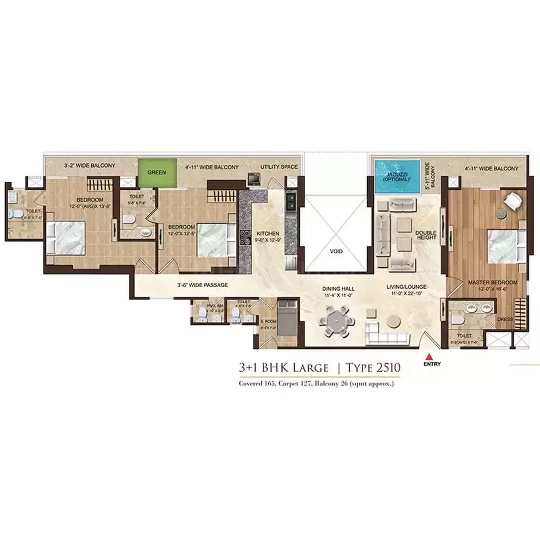 3 BHK + 3 Toilets + Servant